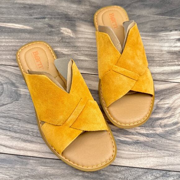 NIB Born Celena 8M Yellow Suede Cross Strap Flat Comfort Slide Sandals - Picture 2 of 10